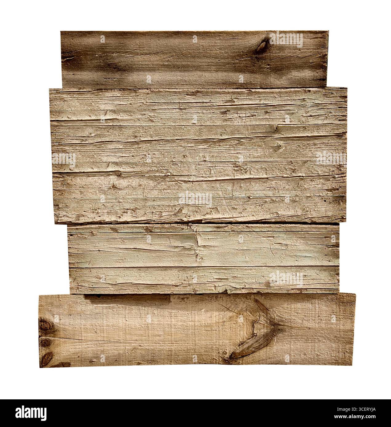 Tre tavole di legno intemprate formano un cartello vuoto, isolato su uno sfondo trasparente Foto Stock
