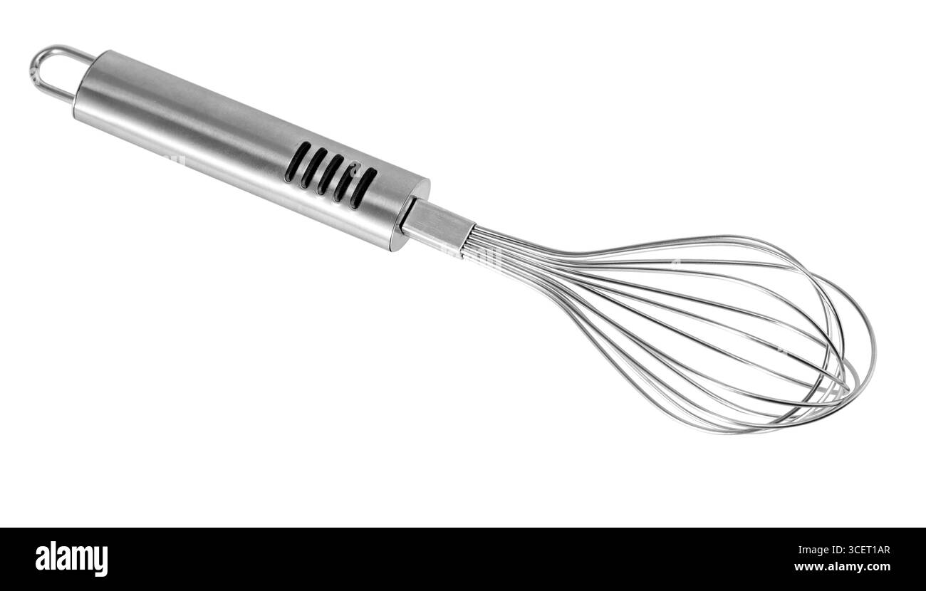 Frusta in acciaio inox isolata su sfondo trasparente, ideale per mescolare gli ingredienti durante la cottura o la cottura Foto Stock