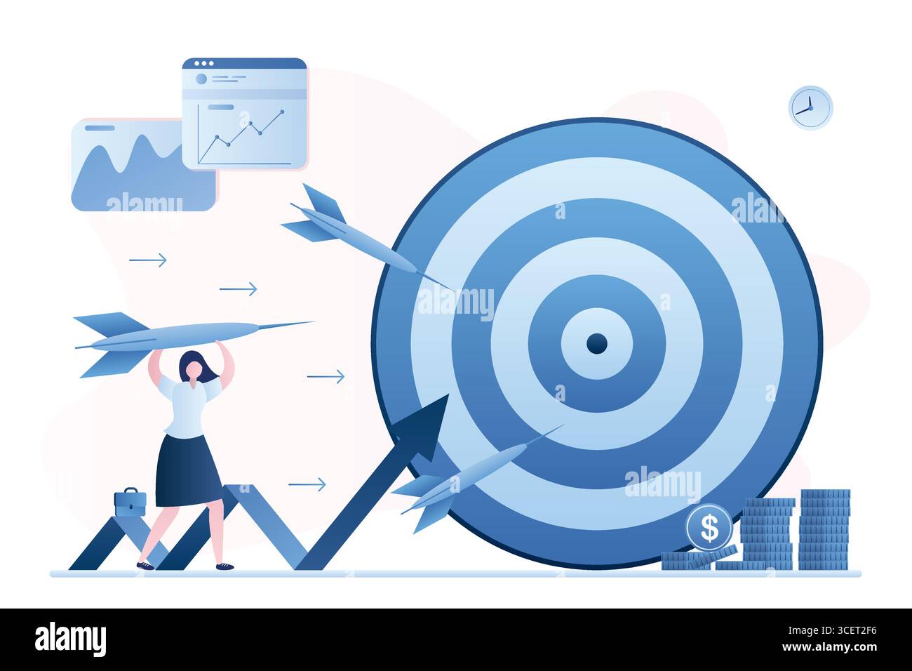 Raggiungere gli obiettivi aziendali. Analisi del mercato azionario. Donna che tiene il dardo, il grafico e il bersaglio crescenti. Obiettivi di raggiungimento con strategia e attenzione ai dati grafici e. Illustrazione Vettoriale