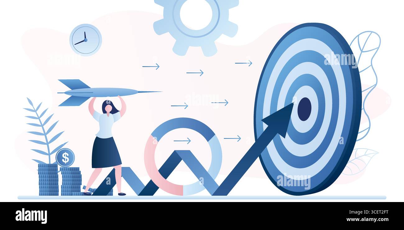 Raggiungere gli obiettivi aziendali. Analisi del mercato azionario. Donna che tiene il dardo, il grafico e il bersaglio crescenti. Obiettivi di raggiungimento con strategia e attenzione ai dati grafici e. Illustrazione Vettoriale