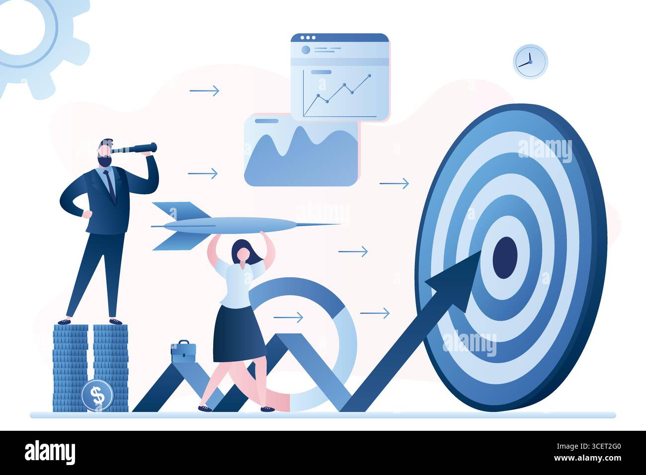 Raggiungere gli obiettivi aziendali. Analisi del mercato azionario. Uomini d'affari con freccette, grafici e target in crescita. Raggiungere gli obiettivi con la strategia e concentrarsi sul grafico da Illustrazione Vettoriale