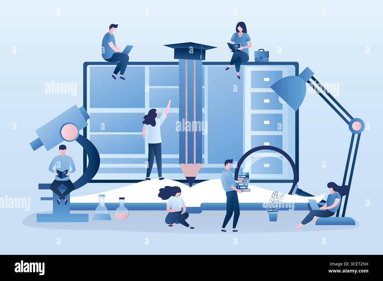 Scuola a casa o educazione online. Banner di preparazione all'esame. Un gruppo di studenti che imparano. Webinar, corsi video e tutorial. Scienti Illustrazione Vettoriale