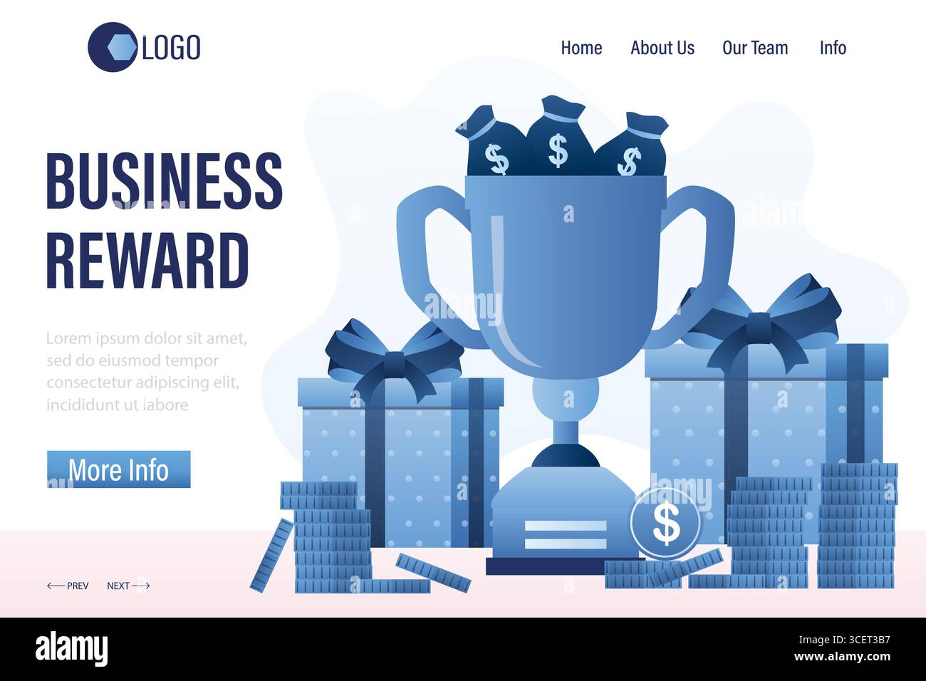 Modello di landing page dei premi aziendali. Stipendio, commissioni e concetto di pagamento. Grandi confezioni regalo e un mucchio di soldi. Programma bonus con premi e cashba Illustrazione Vettoriale