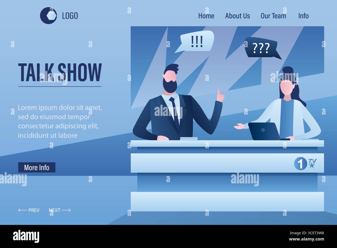 Modello di landing page per talk show. Giornalista e ospite che parla in un moderno studio televisivo. Due personaggi sul posto di lavoro della tv. Intervista, intrattenimento mediatico Illustrazione Vettoriale