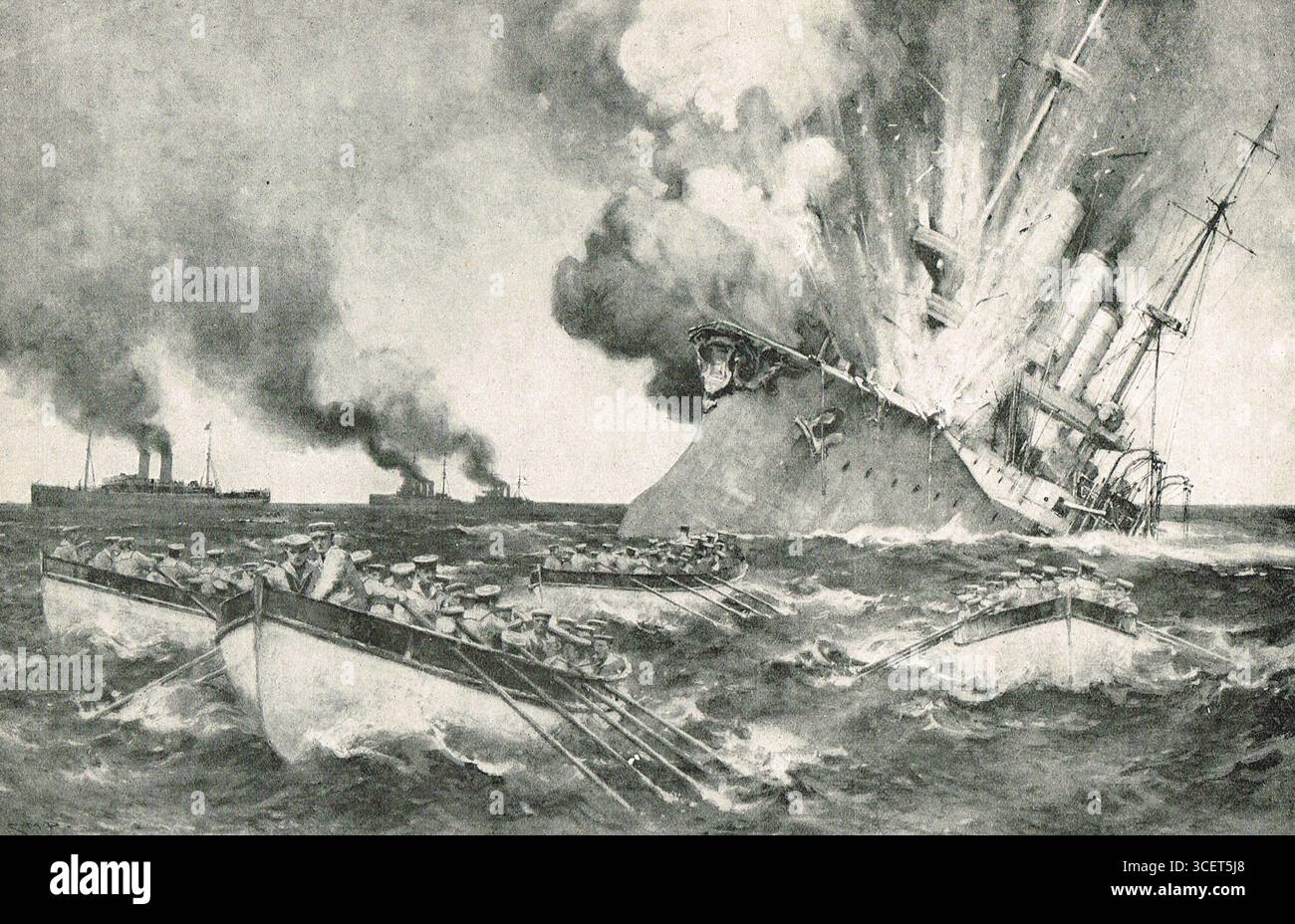 La battaglia di Más a Tierra. La SMS Dresden si affondò al largo dell'isola Robinson Crusoe, il 14 marzo 1915, a seguito degli attacchi della HMS Kent, della HMS Glasgow e della RMS Orama. WW 1 Foto Stock