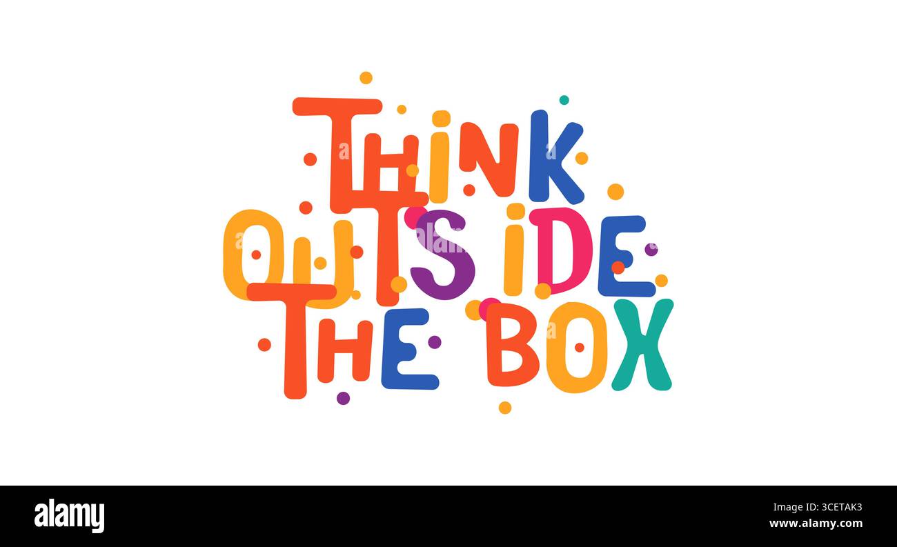 Pensa a una citazione fuori dagli schemi con uno stile colorato e divertente per ispirarti alla mentalità creativa. Perfetto per team di innovazione e design moderno Illustrazione Vettoriale