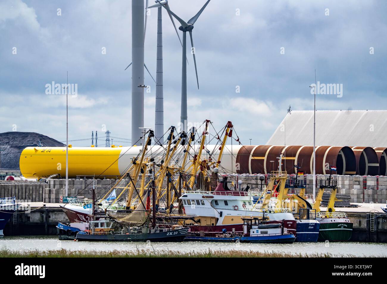 Il porto marittimo di Eemshaven, bacino di Julianahaven, dove sono immagazzinate le strutture di fondazione, le monopali, per i parchi eolici offshore. Questi saranno poi d'aiuto Foto Stock