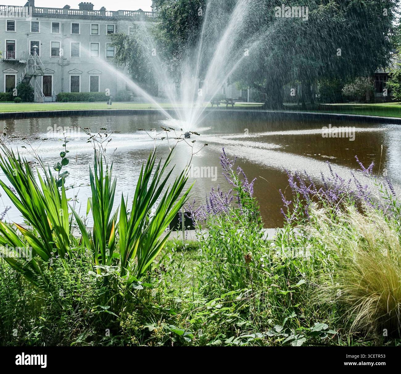 Fontana che spruzza acqua nello stagno ornamentale della storica Farmleigh Estate, Dublino, Irlanda, con giardini e architettura georgiana sullo sfondo Foto Stock