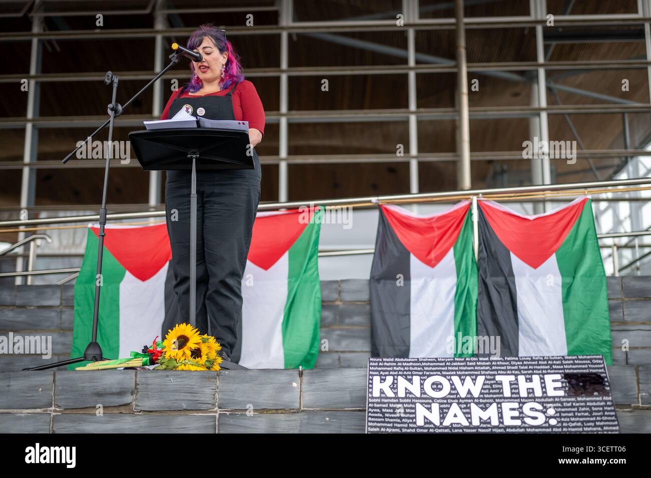 CARDIFF, GALLES - 16 LUGLIO 2025: Una protesta al di fuori del Senedd dove i nomi di 20.000 bambini morti sono stati letti il 16 luglio. Foto Stock