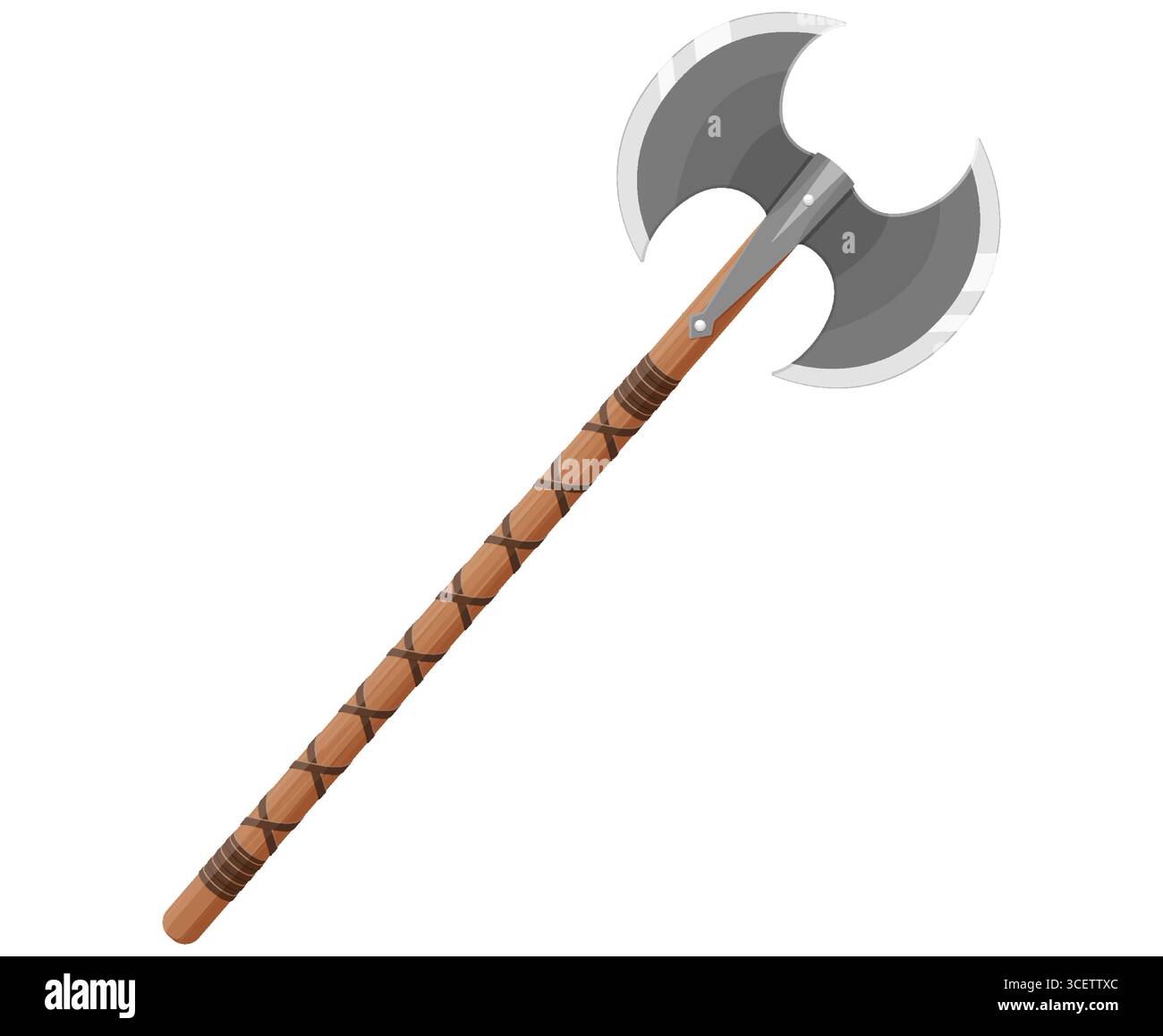 Ascia medievale vichinga a doppio bordo. Ascia da combattimento a due lame con lungo manico in legno isolato su sfondo bianco. Un'arma fredda medievale. Design piatto, Vector Illustrazione Vettoriale