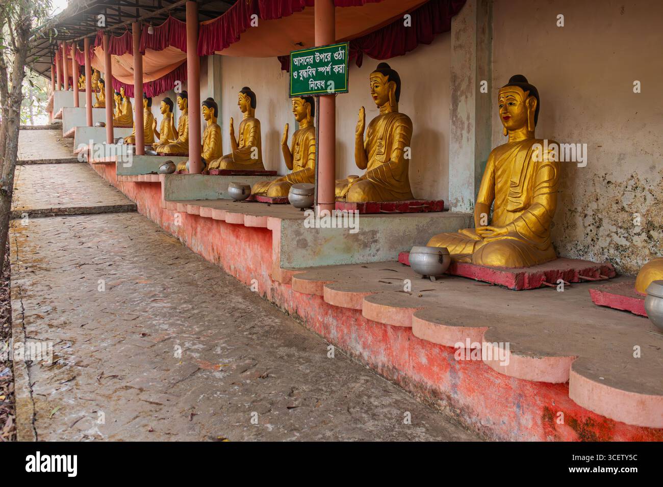 Incredibile allineamento delle statue dorate di Buddha che riflettono l'armonia all'interno del sacro monastero buddista Foto Stock