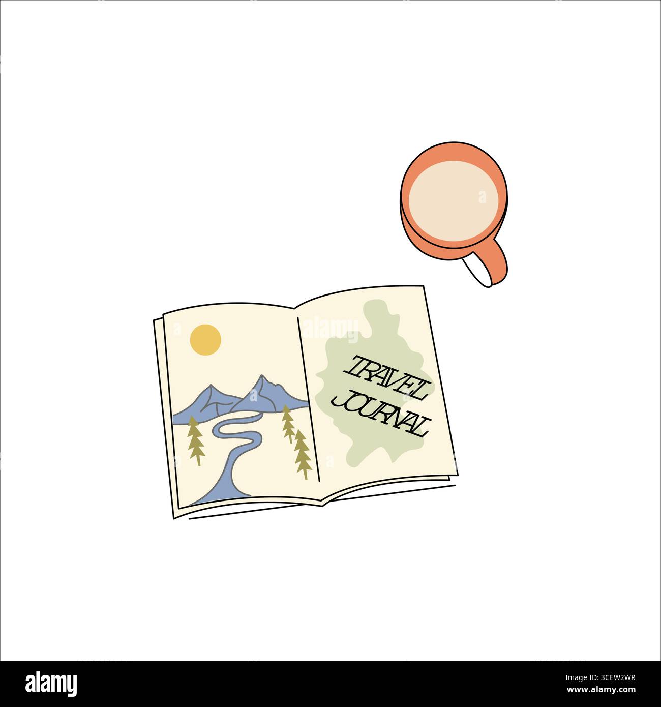 Diario di viaggio con disegni. Aprire l'illustrazione vettoriale dell'agenda cartacea. Cartoni animati per appunti scritti a mano. Diario di viaggio del vettore cartoni animati con la mano Illustrazione Vettoriale