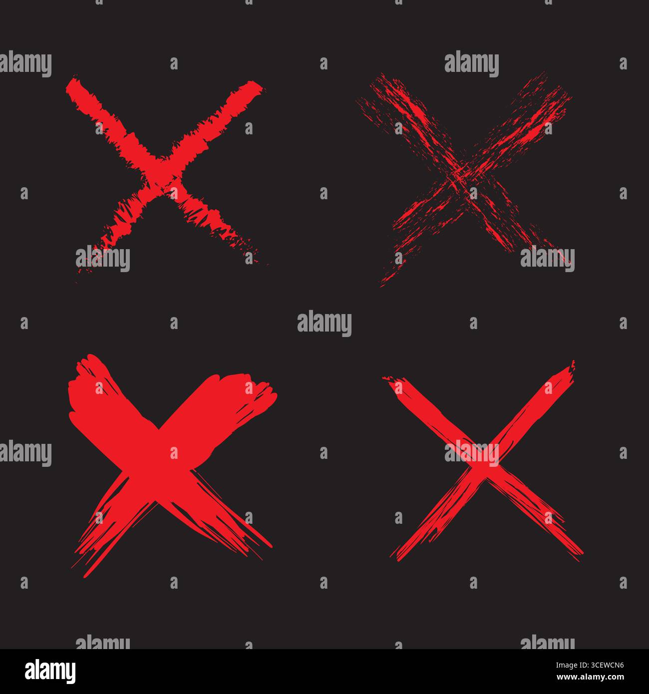 Simboli del contrassegno X rosso. Grunge i tratti del pennello. Set di vettori con segni incrociati. Texture di sfondo nero. Illustrazione Vettoriale