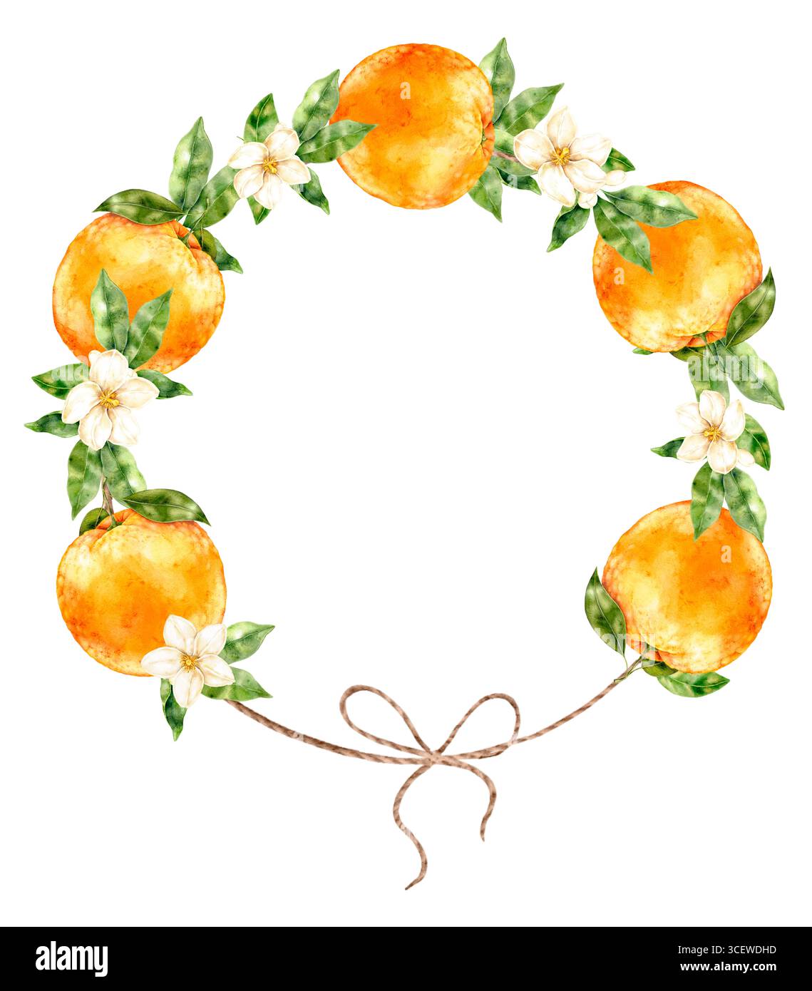 Corona di acquerelli con arance, foglie verdi e arco su sfondo bianco. Luminoso cerchio di agrumi in stile boho fruttato, ideale per l'arredamento estivo di nozze Foto Stock