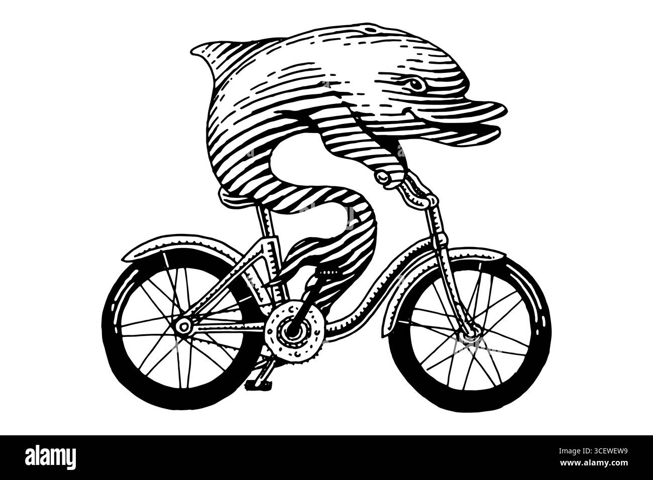 Delfino in bicicletta, in bicicletta. Personaggio animale sul veicolo. Concetto moderno in un look vintage. Incisione disegnata a mano, stile xilografico per eventi sportivi, emblemi Illustrazione Vettoriale