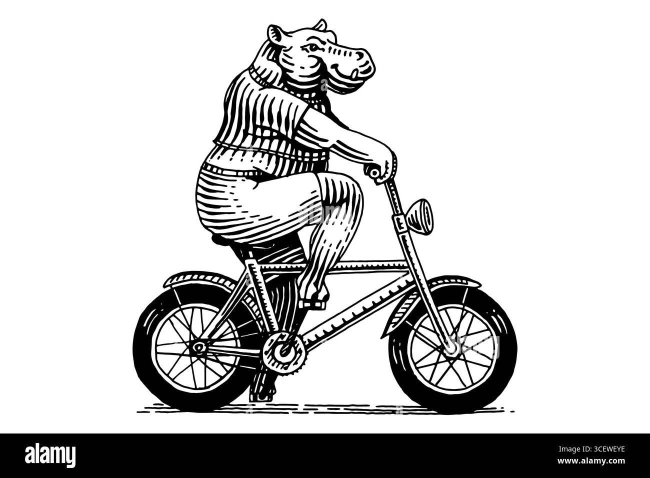 Bell'ippopotamo in bicicletta, motociclista. Personaggio animale sul veicolo. Concetto moderno in un look vintage. Incisione disegnata a mano, stile xilografico per eventi sportivi Illustrazione Vettoriale