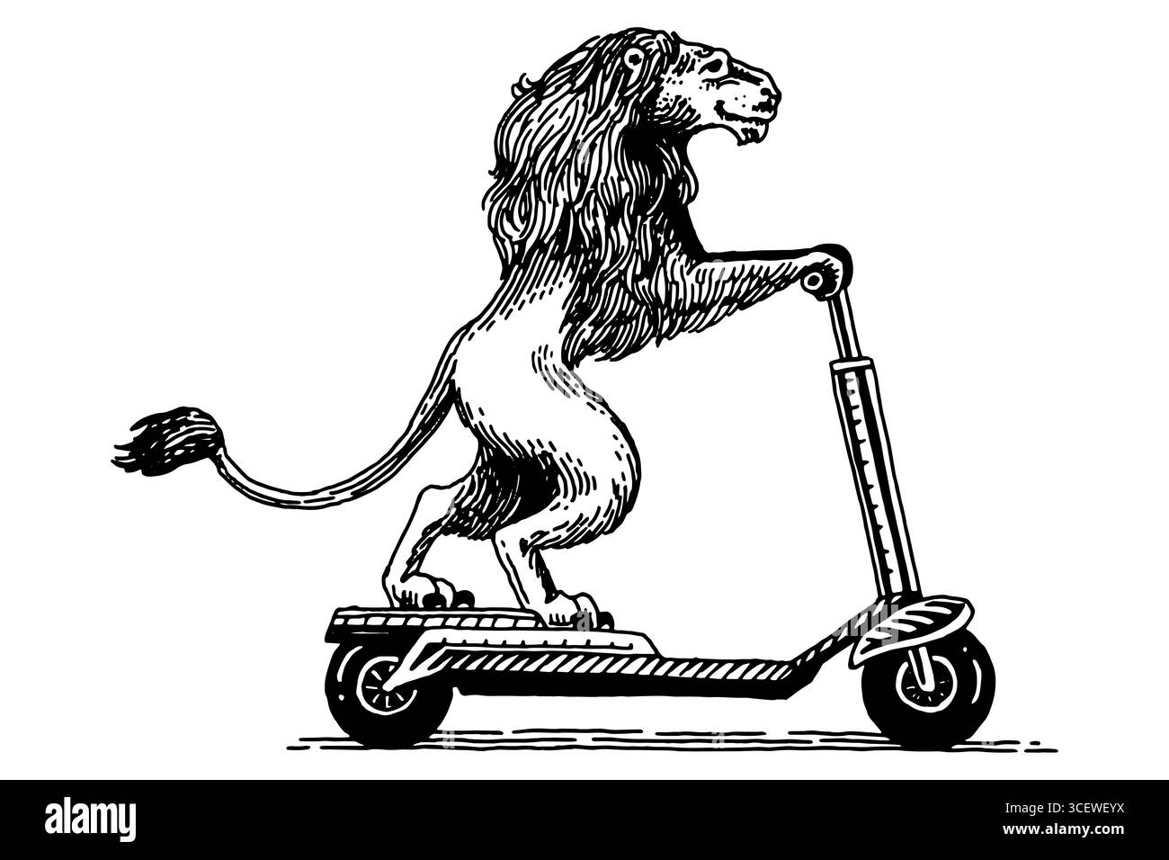 Lion, re degli animali su uno scooter. Personaggio animale sul veicolo. Concetto moderno in un look vintage. Incisione disegnata a mano, stile xilografico per lo sport Illustrazione Vettoriale