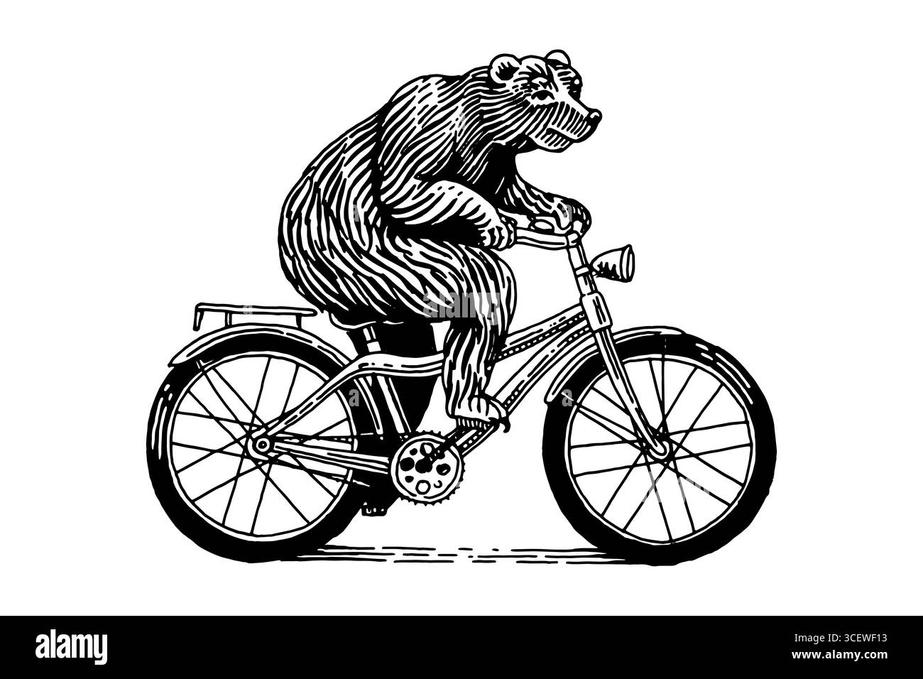Grizzly orso in bicicletta. Personaggio animale sul veicolo. Concetto moderno in un look vintage. Incisione disegnata a mano, stile xilografico per eventi sportivi, emblemi Illustrazione Vettoriale