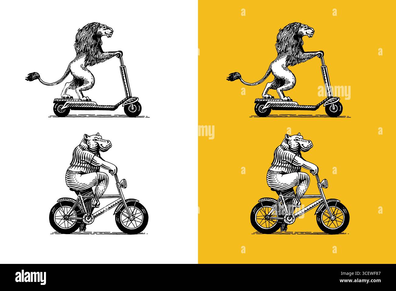 Leone su uno scooter e ippopotamo in bicicletta. Personaggi animali sul veicolo. Concetto moderno in un look vintage. Incisione disegnata a mano, stile xilografico per lo sport Illustrazione Vettoriale