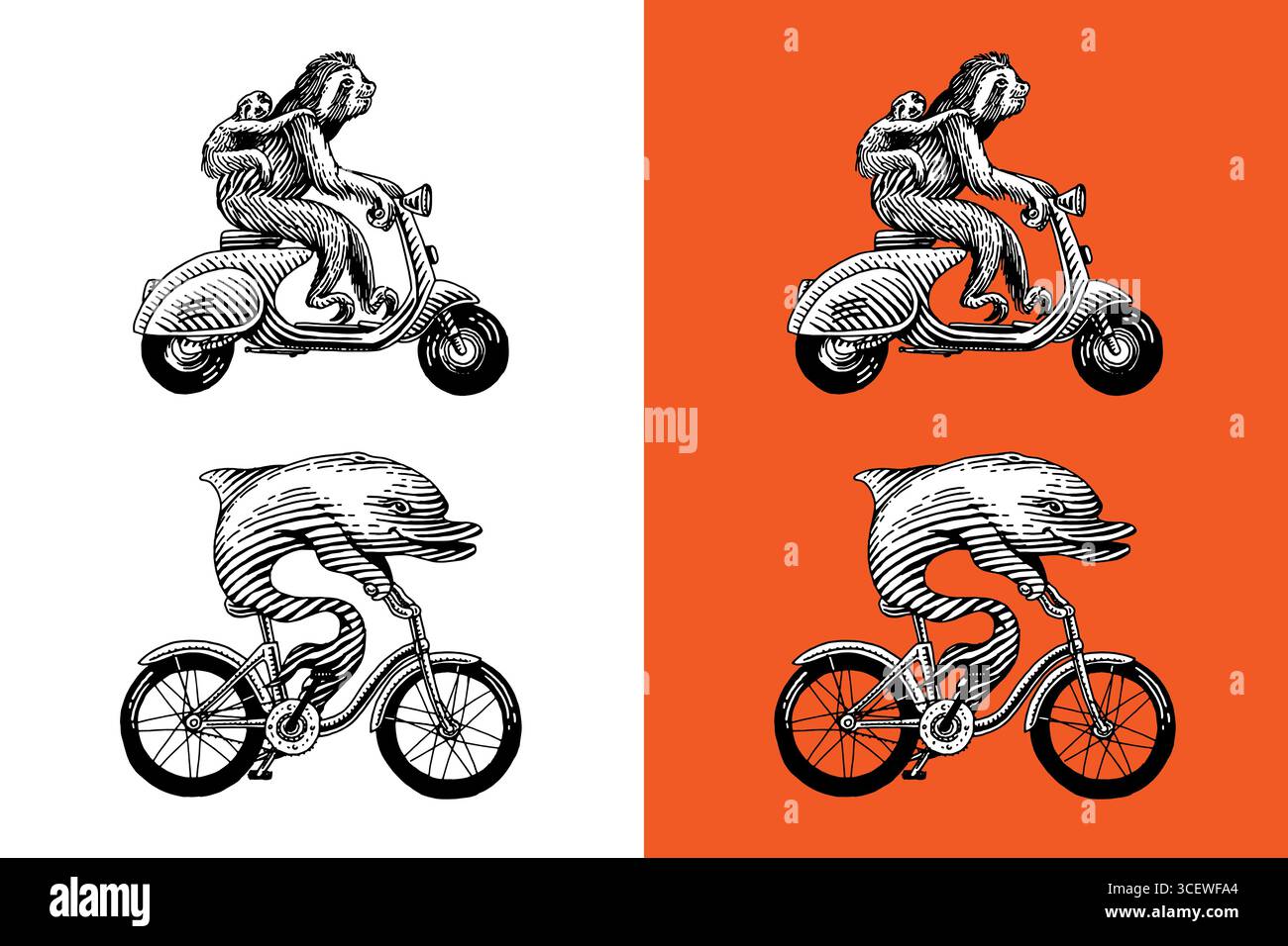 Personaggi animali sul veicolo. Brutto con un bambino su uno scooter e delfino su una bicicletta. Concetto moderno in un look vintage. Incisione disegnata a mano, tagliata in legno Illustrazione Vettoriale
