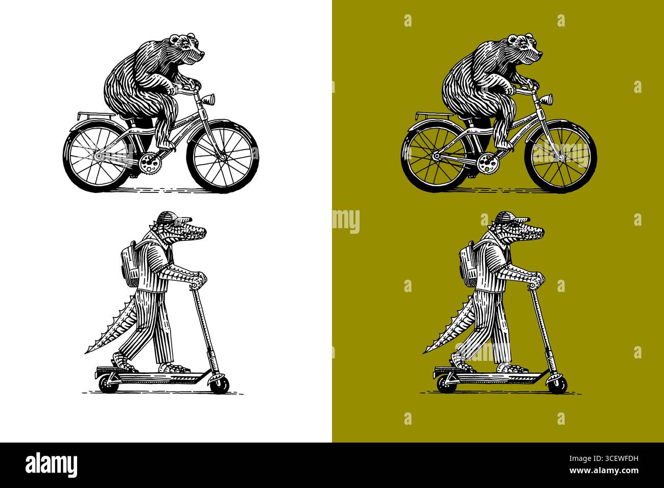 Orso in bicicletta e coccodrillo in scooter. Personaggi animali sul veicolo. Concetto moderno in un look vintage. Incisione disegnata a mano, stile xilografico per lo sport Illustrazione Vettoriale