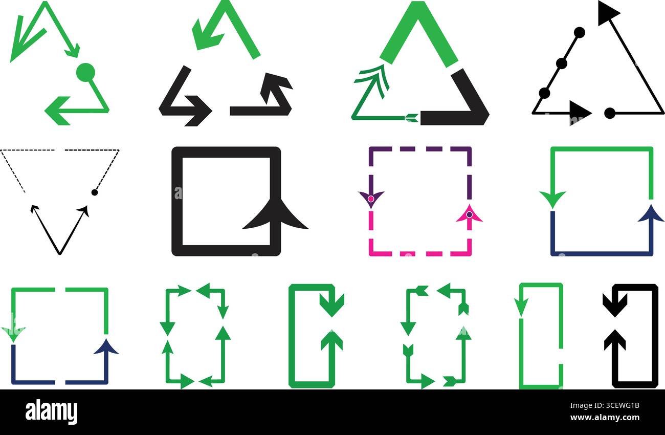 Set di frecce per il riciclaggio con icone triangolari e quadrate per la progettazione ambientale ecosostenibile Illustrazione Vettoriale