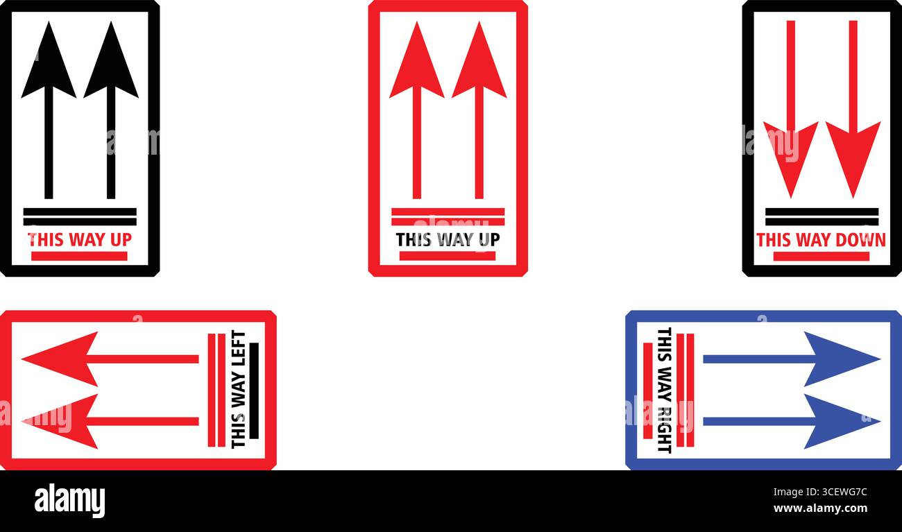In questo modo, il gruppo di etichette per imballaggio fragile è dotato di cartelli di sicurezza per la spedizione della freccia di direzione Illustrazione Vettoriale