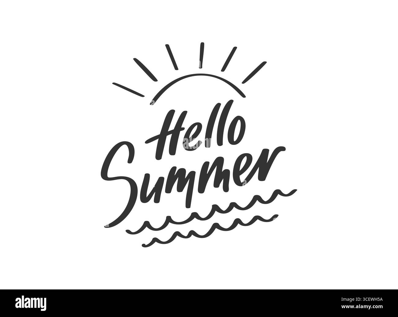 Scritta a mano Hello Summer in calligrafia nera. Pennellate la moderna segnaletica estiva con onde di mare e raggi di sole. Firma dal vivo decorativa e giocosa per poster con striscioni stampati Illustrazione Vettoriale
