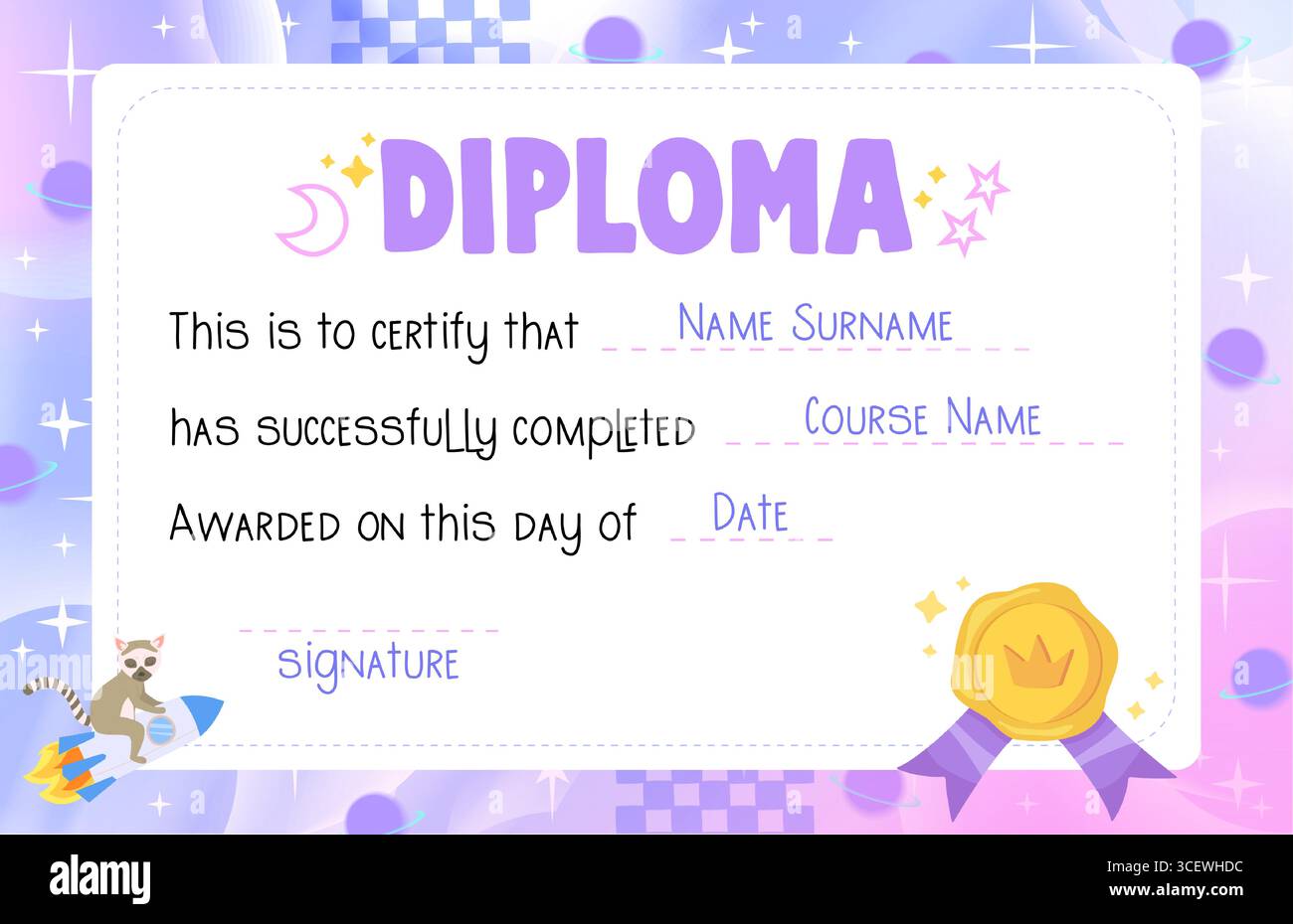 Diploma per bambini Space Adventure Illustrazione Vettoriale