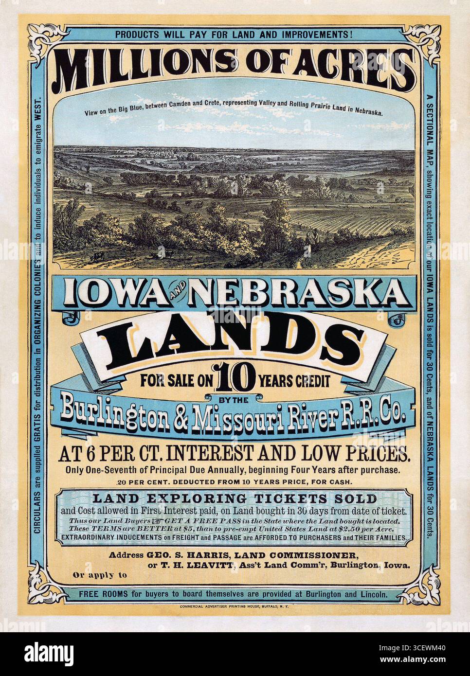 Iowa e Nebraska acquistano terreni in vendita con credito di 10 anni da parte della Burlington & Missouri River Railroad Company, offrendo bassi interessi e incentivi promozionali per i coloni, 1872 Foto Stock