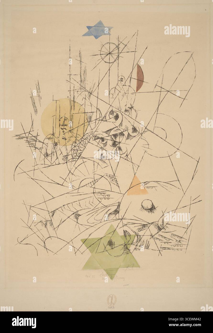 Speranza e distruzione (Zerstörung und Hoffnung), 1916, dell'artista svizzero Paul Klee. Creata durante i tumulti della prima guerra mondiale, questa composizione astratta combina delicate strutture lineari con forme geometriche sparse in colori tenui. Il lavoro riflette sia la frammentazione che il rinnovamento, evocando la tensione tra devastazione e possibilità di rigenerazione. L'astrazione simbolica di Klee cattura l'atmosfera emotiva dell'epoca, mescolando caos, ordine e sfumature spirituali in una dichiarazione visivamente poetica. Foto Stock