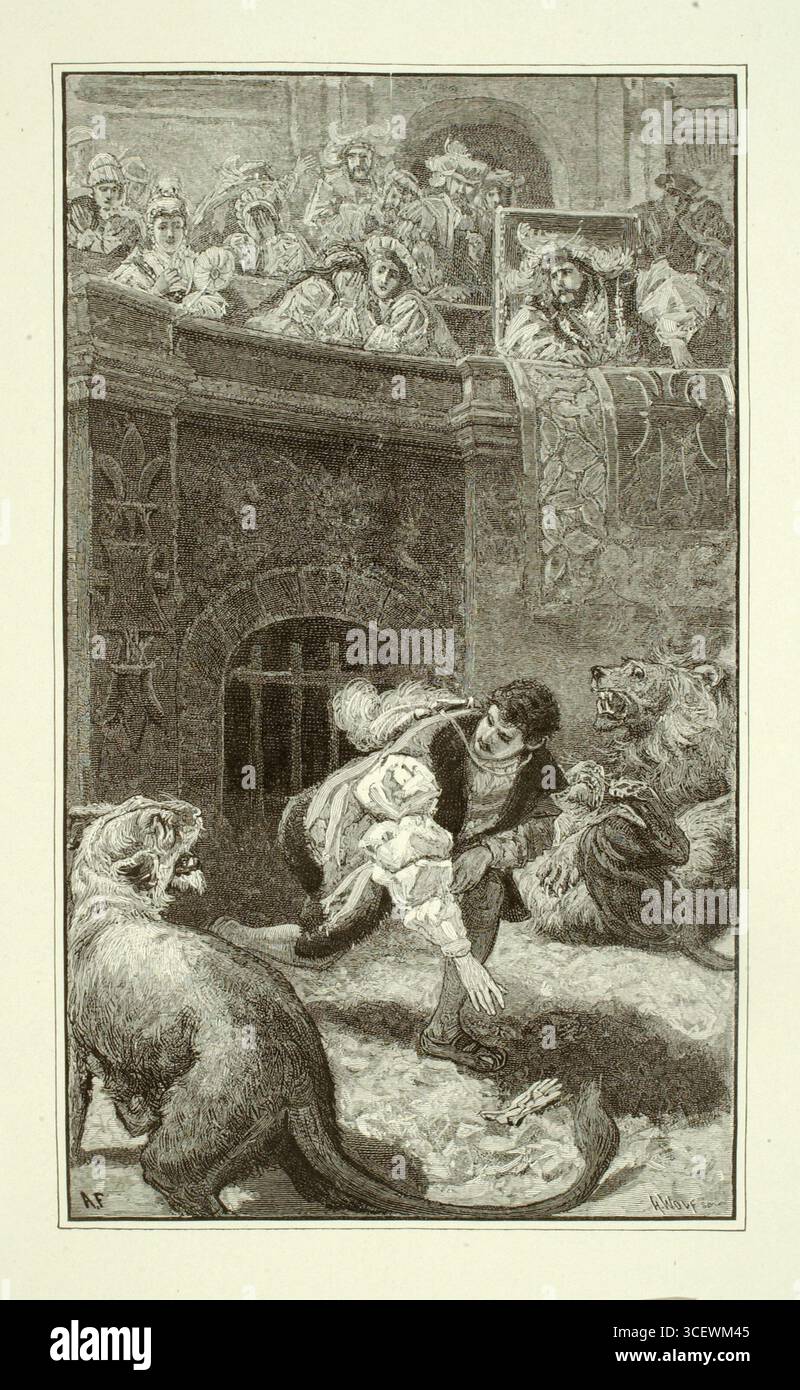 Questa incisione fotomeccanica in legno del 1880 di Henry Wolf, dopo Alfred Fredericks, intitolata The Challenge, illustra una drammatica scena medievale in cui un uomo protegge una donna svenita dai leoni e da un orso in un'arena, mentre nobili e spettatori in abiti elaborati guardano con allarme; la composizione sottolinea sia il pericoloso confronto che lo spettacolo teatrale del pericolo, mescolando narrativa storica con dramma romanticizzato e raffinata tecnica di incisione. Foto Stock