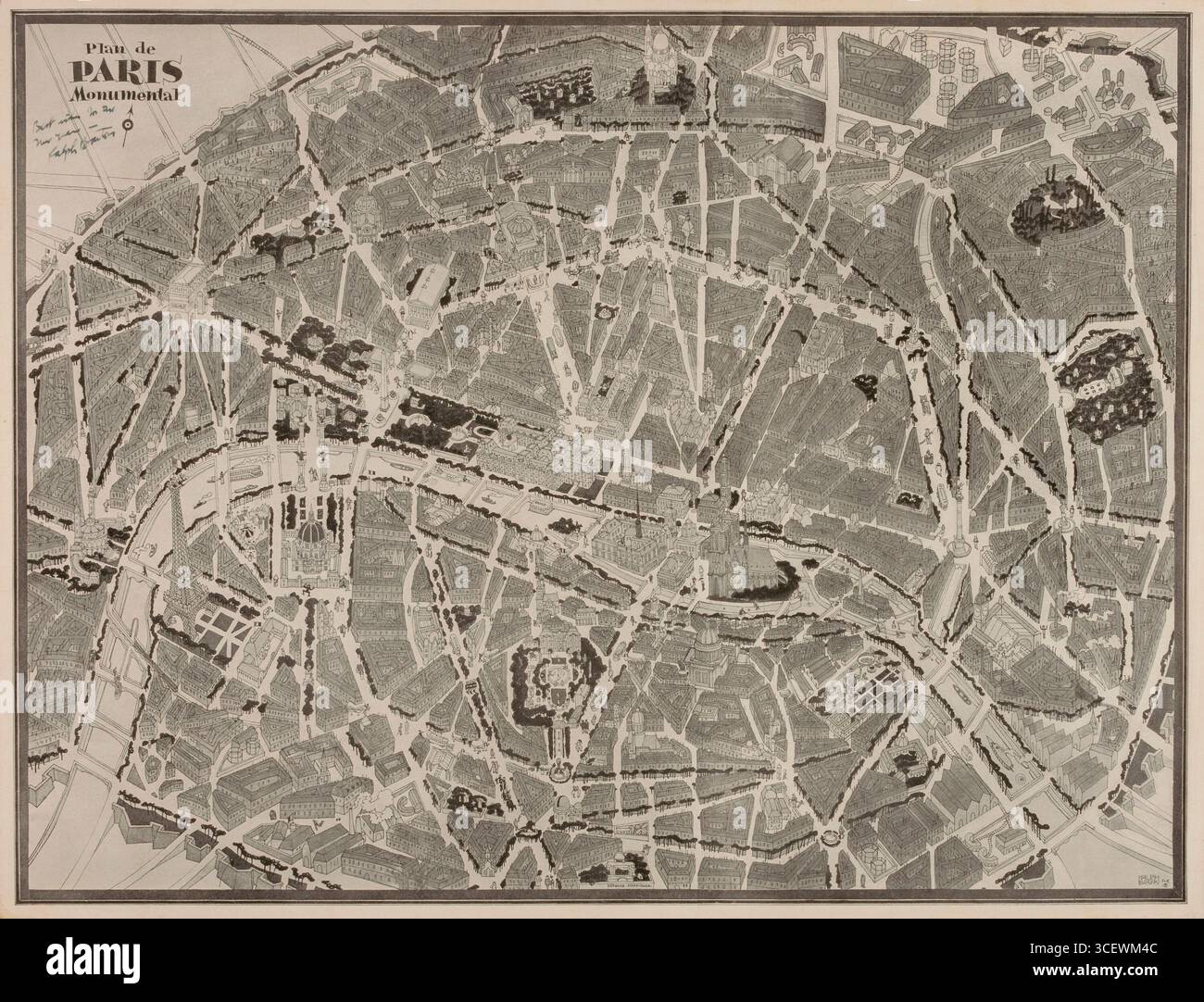 Ralph Barton, Plan de Paris Monumental, c. inizio del XX secolo, mappa stampata su carta — Una vista panoramica a volo d'uccello di Parigi con rendering dettagliati di strade, quartieri e monumenti, sottolineando l'architettura monumentale e il layout urbano della città. Foto Stock