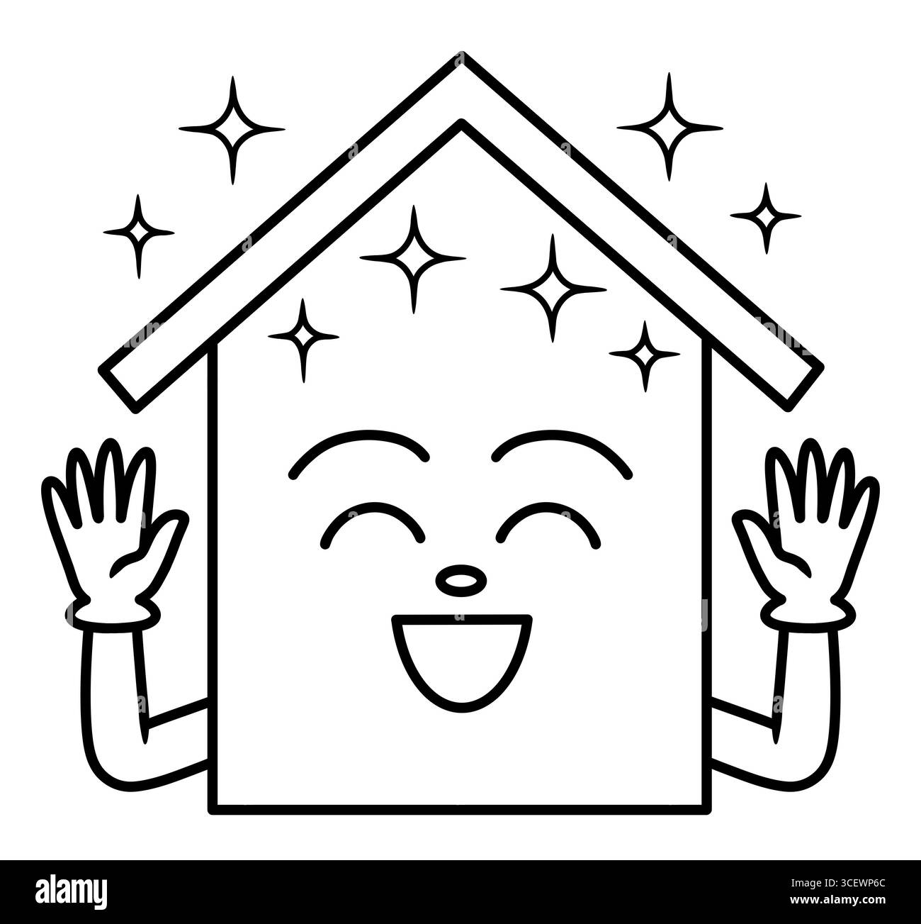 Un disegno in linea di un personaggio di casa che alza le mani e brilla di scintille Foto Stock