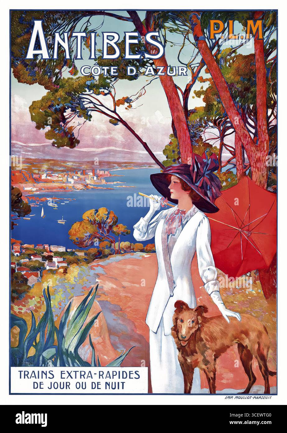 Uno splendido poster di viaggio vintage del 1910 per Antibes sulla Côte Azzurra in Francia Foto Stock