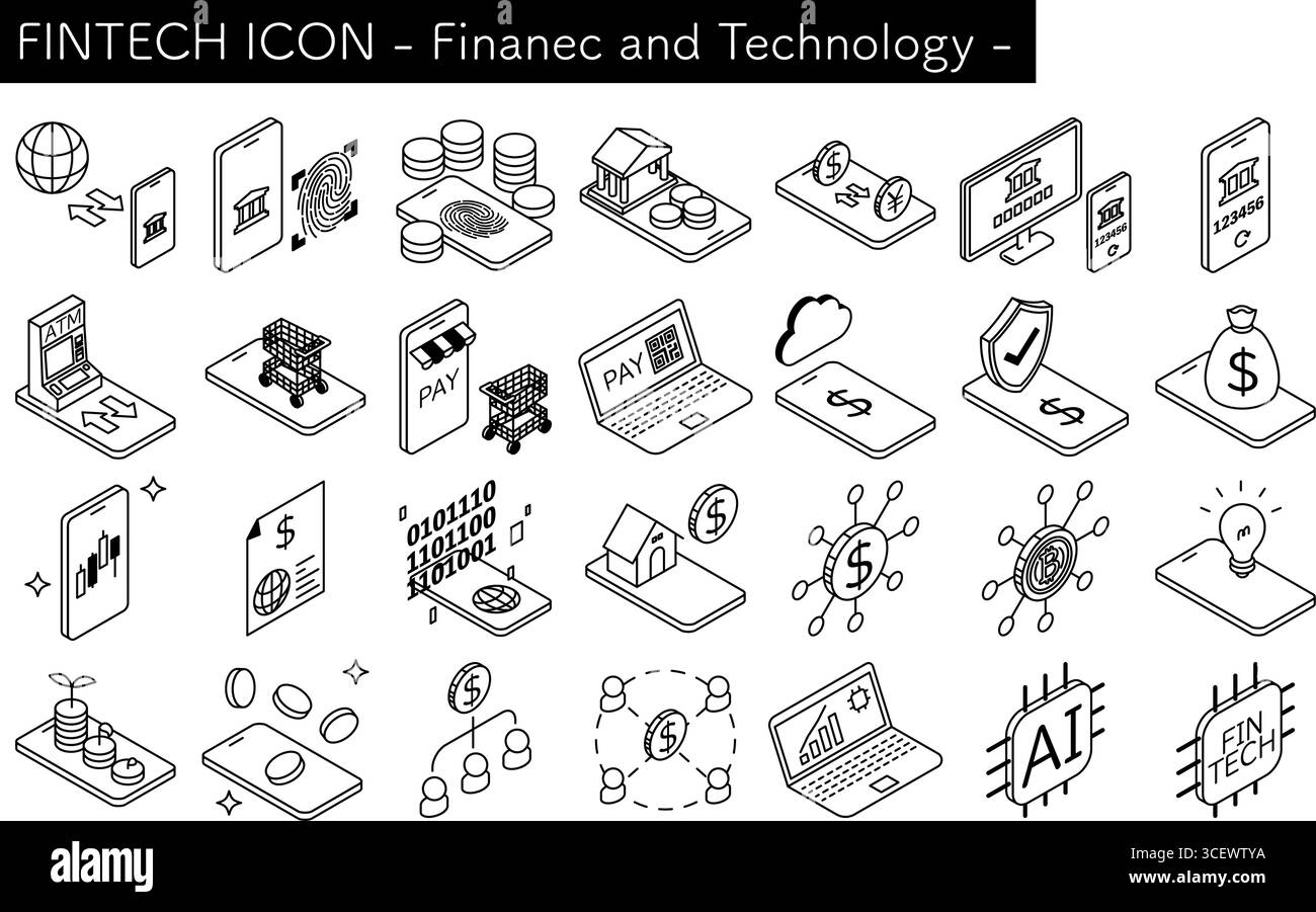 Icone Fintech, illustrazione isometrica Finanza e tecnologia, in bianco e nero, illustrazione vettoriale Illustrazione Vettoriale