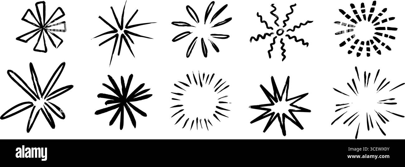 Set di esplosioni disegnato a mano. Collezione di elementi fuochi d'artificio pastello. Bozzetti pastello neri di firecracker, burst, scintille, luci a stella, scintille. Raggi disegnati a carbone vettoriale e forme dei fasci Illustrazione Vettoriale