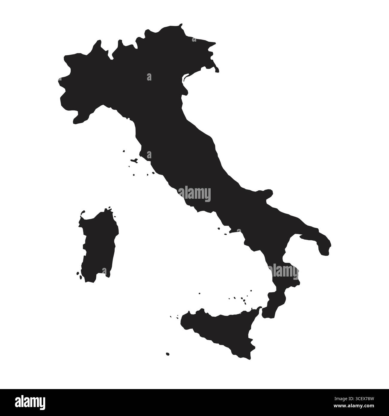 Mappa di sagoma dell'Italia con isole. Illustrazione vettoriale nera su sfondo bianco, perfetta per viaggi, geografia e progetti didattici. Illustrazione Vettoriale