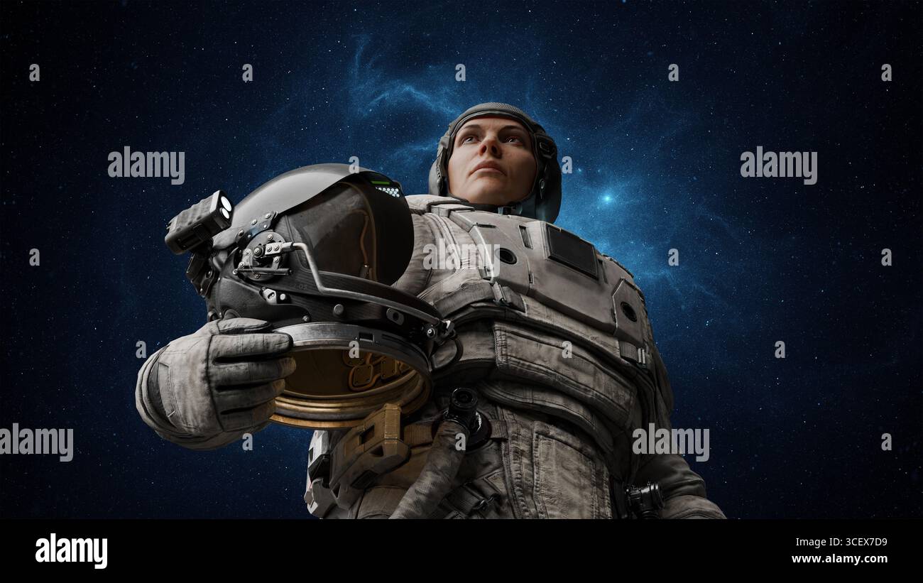 l'astronauta si trova con sicurezza nelle profondità dello spazio, tenendo in mano un casco e guardando il vasto universo pieno di stelle e meraviglie cosmiche, pronto per te Foto Stock