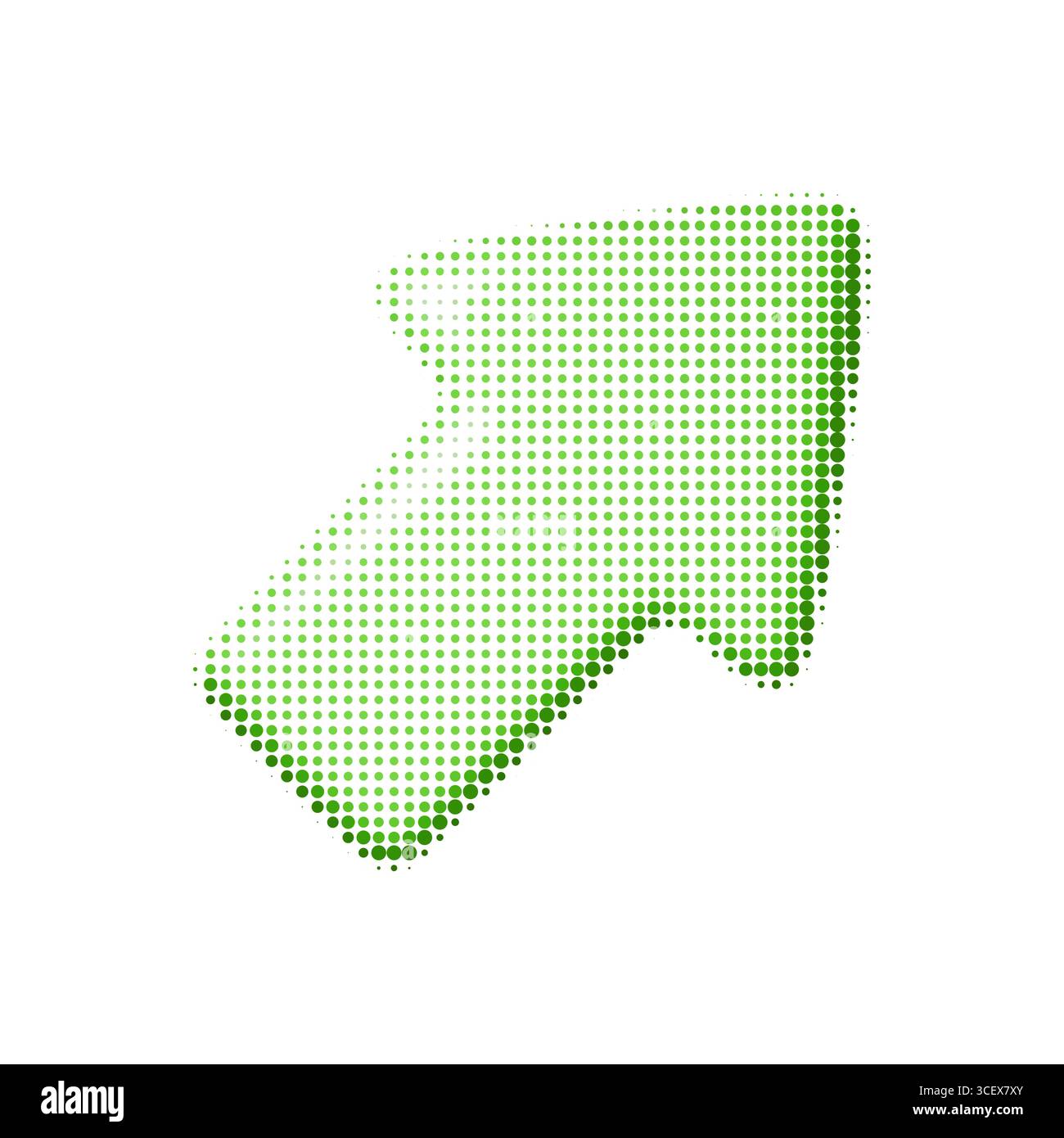 Immagine vettoriale di una freccia verde diagonale rivolta verso l'alto con trama di mezzitoni. Elemento di design tratteggiato astratto per la navigazione, la crescita o la decorazione Illustrazione Vettoriale