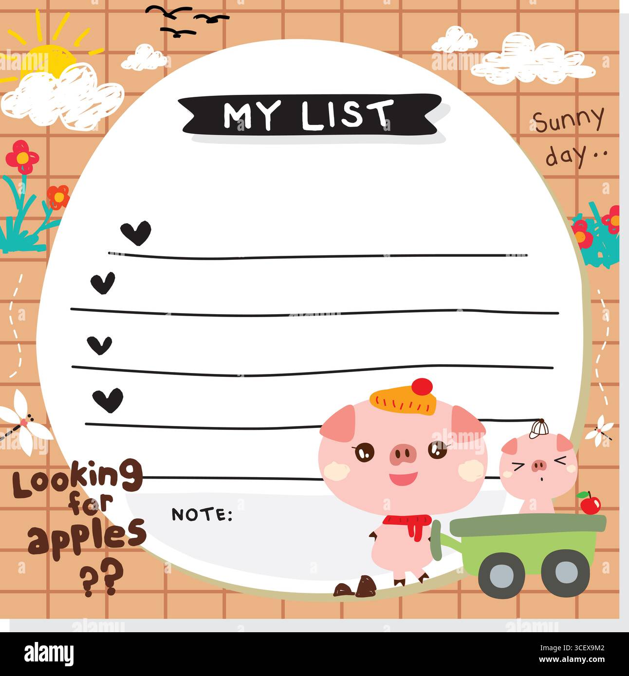 divertente set vettoriale maialino doodle e memo Illustrazione Vettoriale