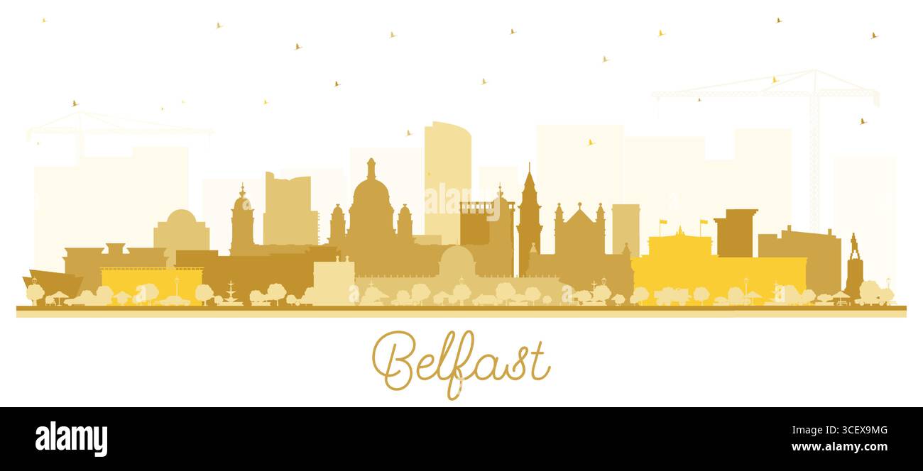 Skyline della città di Belfast, Irlanda del Nord, con edifici dorati isolati su White. Illustrazione vettoriale. Paesaggio urbano di Belfast con monumenti storici. Trave Illustrazione Vettoriale