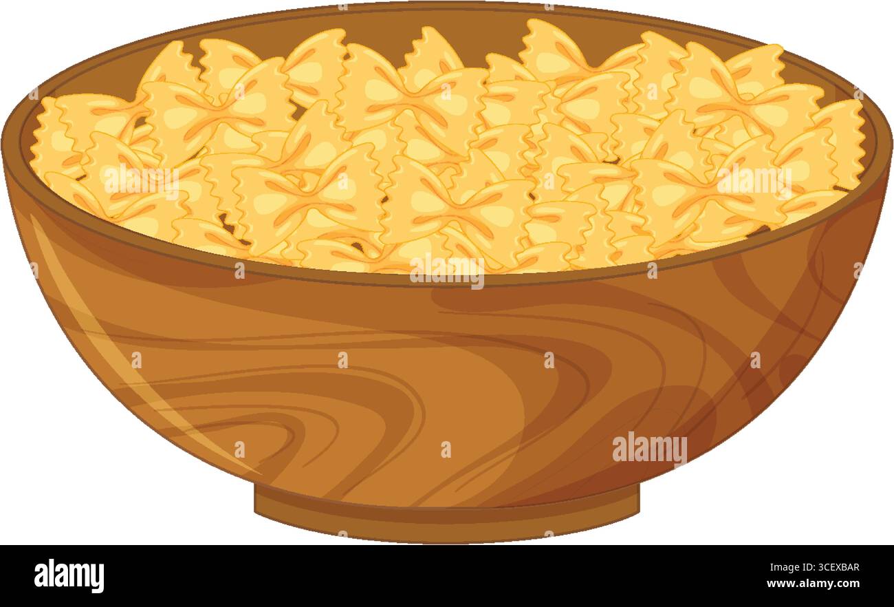 Illustrazione vettoriale della pasta farfalle cruda in una ciotola di legno rotonda, che utilizza toni caldi di giallo e marrone con un'ombreggiatura pulita e piatta Illustrazione Vettoriale