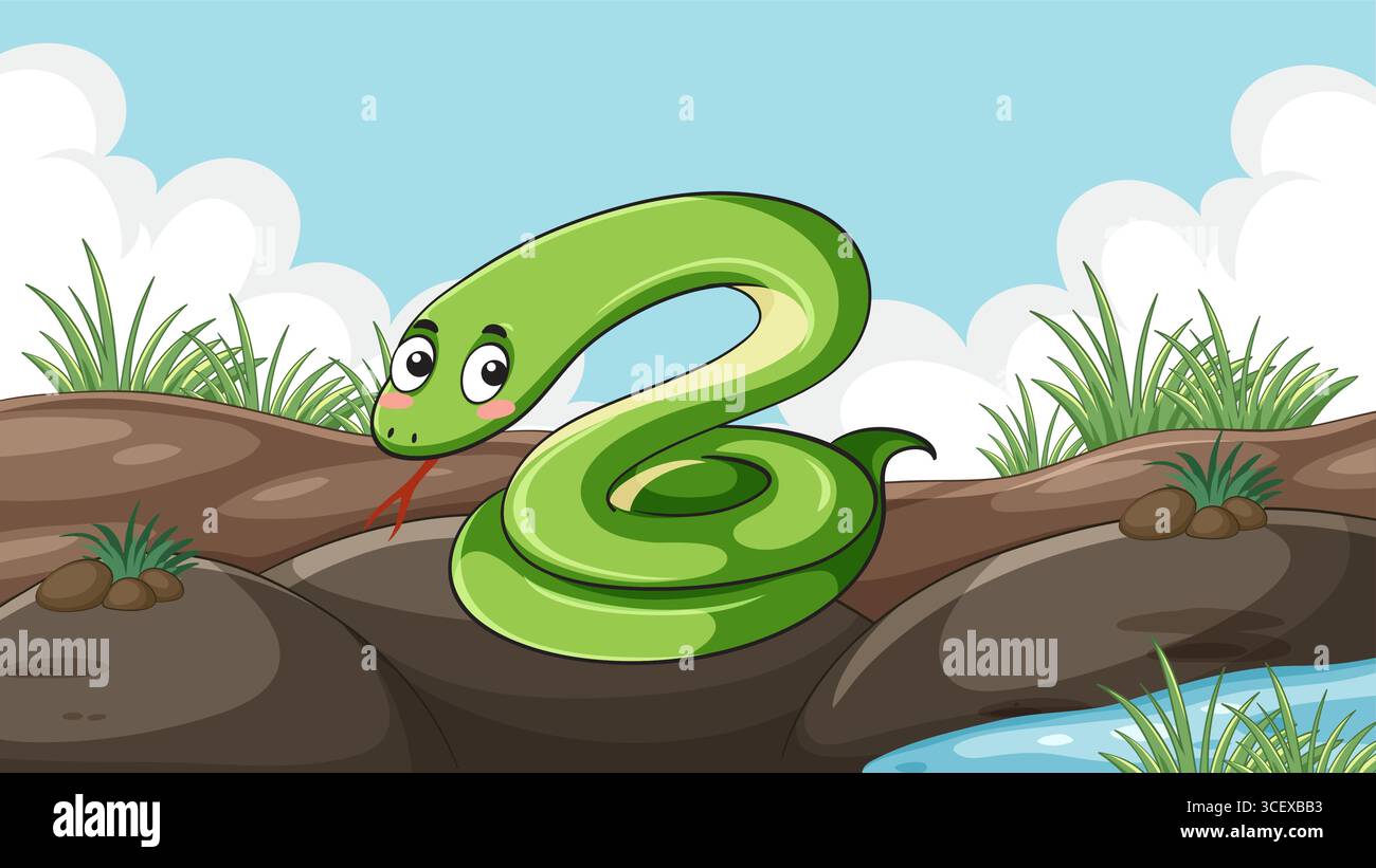 Illustrazione vettoriale di un serpente verde sorridente con grandi occhi, avvolto su rocce vicino all'acqua, in un luminoso paesaggio cartoni animati con cielo blu Illustrazione Vettoriale