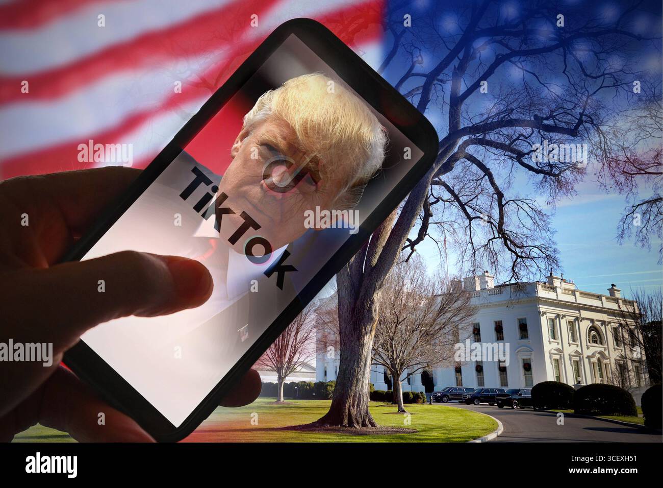 ACHTUNG FOTOMONTAGE: Themenbild TikTok. Donald Trump setzt auf TikTok: Weisses Haus startet offiziellen account. *** ATTENZIONE FOTO MONTAGGIO TikTok immagine a tema Donald Trump si affida a TikTok Casa Bianca lancia account ufficiale Foto Stock