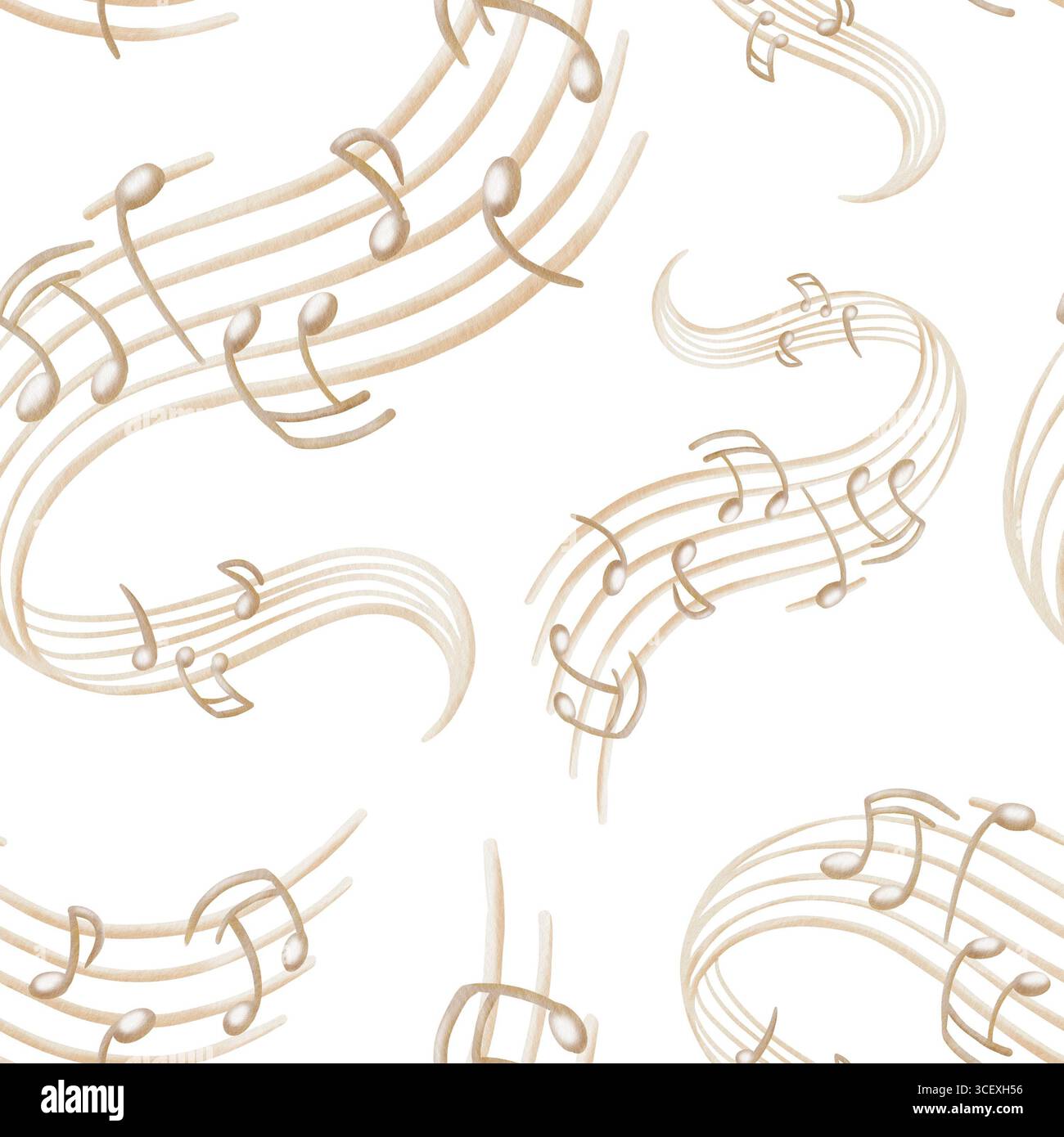 Piedistallo musicale senza interruzioni con note stilizzate color beige in una composizione avvolgente come simbolo di una canzone riprodotta da un giradischi.disegnato a mano Foto Stock