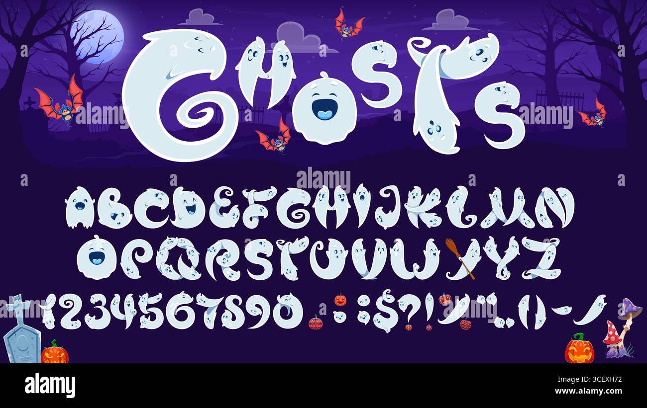 Carattere fantasmi di Halloween, tipo malvagio cartone animato, spaventoso carattere mostro alfabetico lettere e numeri. Tipografia vettore horror natalizio con fantasmi di Halloween, zucche e pipistrelli caratteri alfabetici Illustrazione Vettoriale