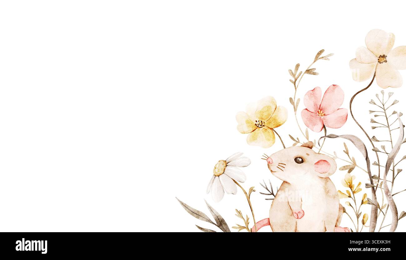 Composizione floreale ad acquerello con topo e fiori selvatici. Modello disegnato a mano per stampe da vivaio, inviti, cancelleria per bambini, pianificatori, Foto Stock