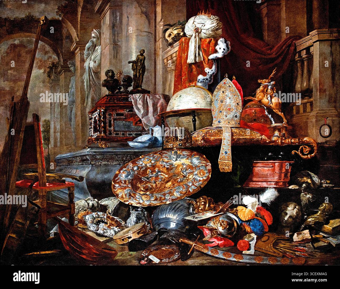 Pieter Boel 1622-1674 Allegoria delle vanità del mondo 1663 belga Belgio fiammingo Museo Lille Francia francese ( Allegoria delle vanità del mondo è un dipinto del 1663 del pittore fiammingo Pieter Boel, ora nel Palais des Beaux-Arts de Lille . È insolitamente grande per un dipinto vanitas. Mostra simboli di arte, gloria, potere temporale, potere spirituale, ricchezza, conoscenza, tutto sommato come una piramide in un palazzo o una chiesa in rovina ) Foto Stock