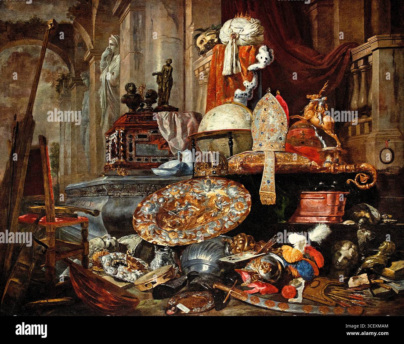 Pieter Boel 1622-1674 Allegoria delle vanità del mondo 1663 belga Belgio fiammingo Museo Lille Francia francese ( Allegoria delle vanità del mondo è un dipinto del 1663 del pittore fiammingo Pieter Boel, ora nel Palais des Beaux-Arts de Lille . È insolitamente grande per un dipinto vanitas. Mostra simboli di arte, gloria, potere temporale, potere spirituale, ricchezza, conoscenza, tutto sommato come una piramide in un palazzo o una chiesa in rovina ) Foto Stock